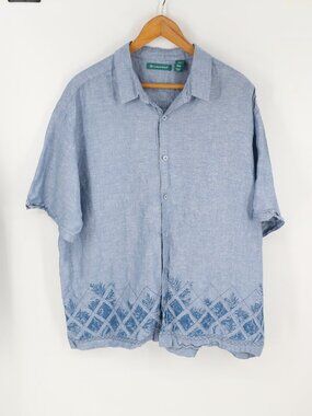 Cubavera Men's XXL Shirt Striped Button Up Short Sleeve Camp Cuban Blue Linen